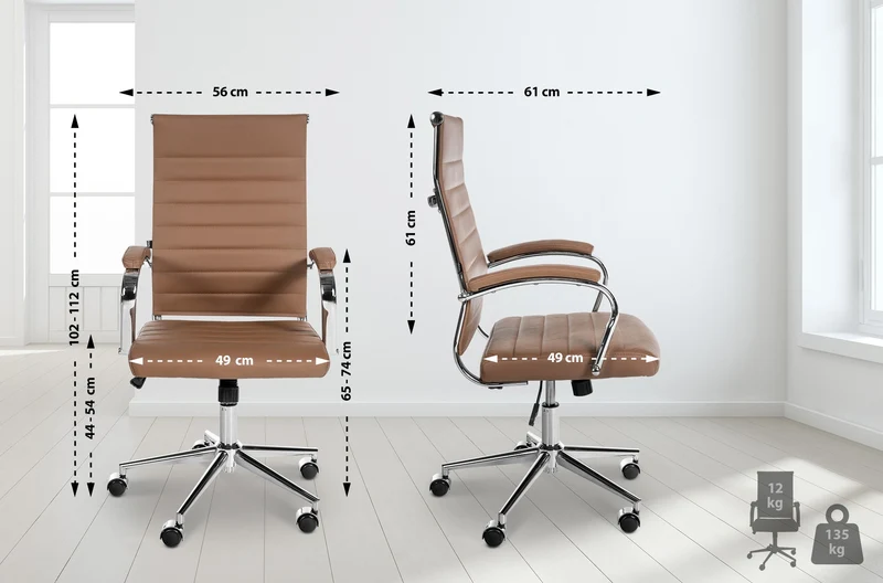 Fauteuil de bureau en cuir véritable marron clair surpiqûre horizontale et pieds métal chromé 10_0002556