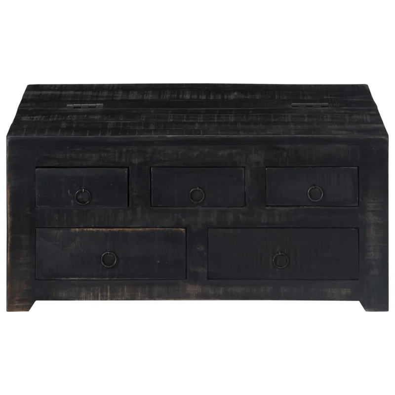 Table basse design vintage industriel carrée en bois de manguier massif noir 5 tiroirs et plateau relevable DEC039726