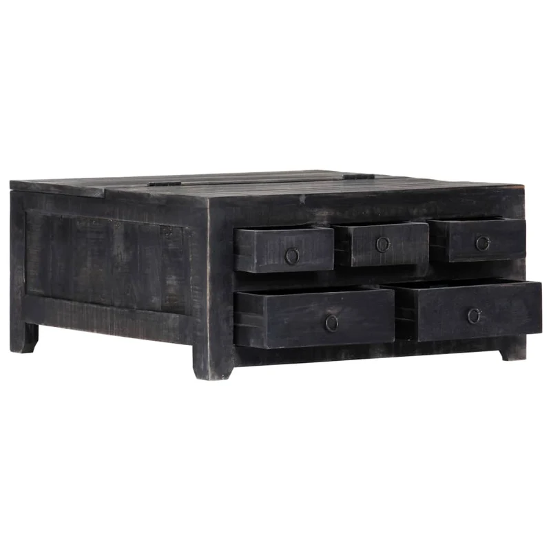 Table basse design vintage industriel carrée en bois de manguier massif noir 5 tiroirs et plateau relevable DEC039726