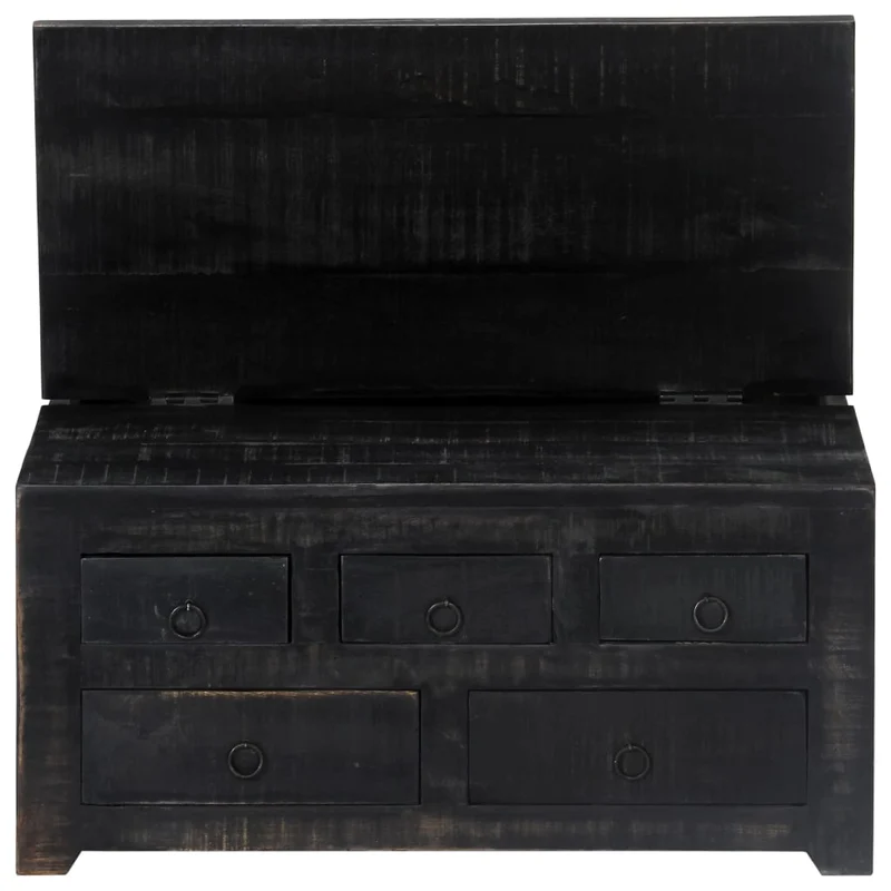 Table basse design vintage industriel carrée en bois de manguier massif noir 5 tiroirs et plateau relevable DEC039726