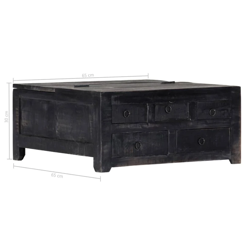 Table basse design vintage industriel carrée en bois de manguier massif noir 5 tiroirs et plateau relevable DEC039726