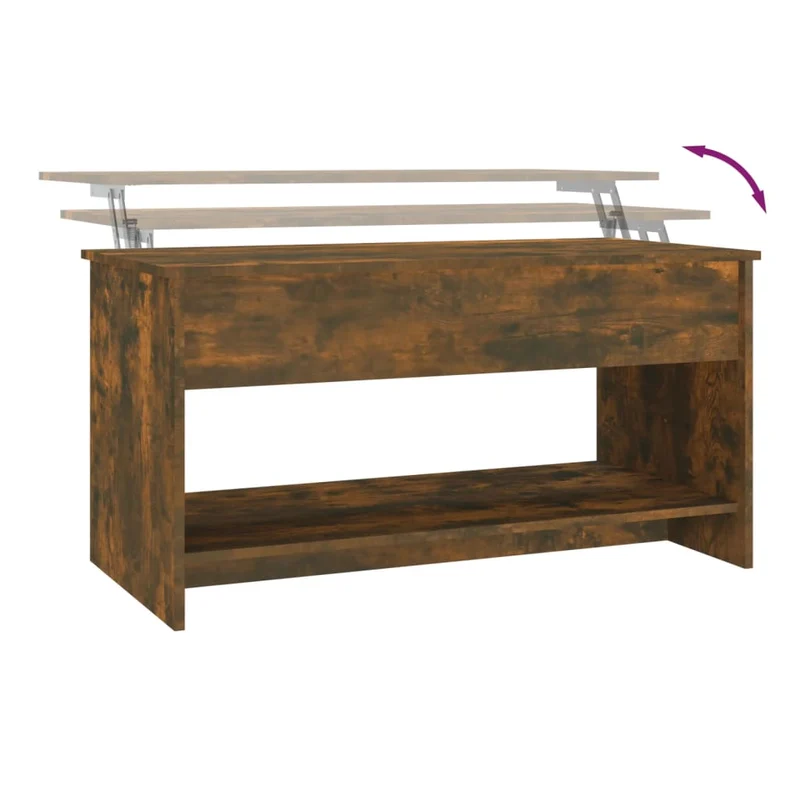 Table basse rectangulaire relevable avec rangement 102 x 50 x 52,5 cm finition chêne fumé marron et métal DEC038376
