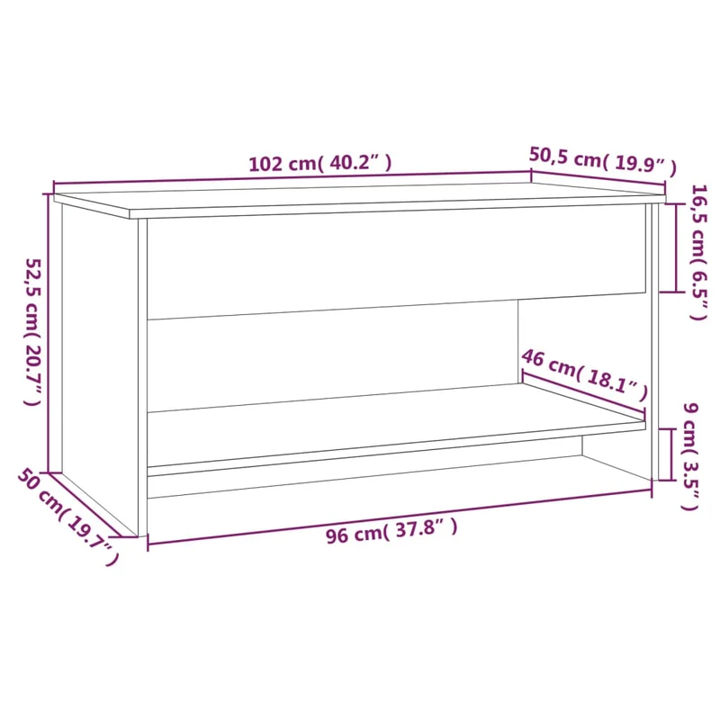 Table basse rectangulaire relevable avec rangement 102 x 50 x 52,5 cm finition chêne fumé marron et métal DEC038376