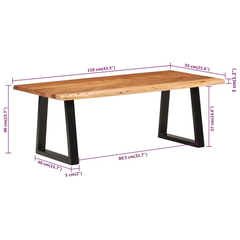 Table basse en bois d’acacia massif avec plateau naturel – Pieds métal noir – 110 x 55 x 40 cm DEC036997