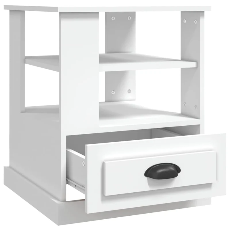 Table d'appoint chevet avec étagères et tiroir 50 x 50 x 60 cm bois d’ingénierie blanc DEC032362