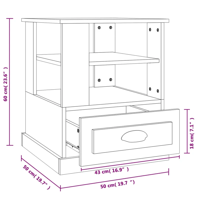 Table d'appoint chevet avec étagères et tiroir 50 x 50 x 60 cm bois d’ingénierie blanc DEC032362