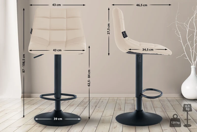 Tabouret de bar x1 moderne en PVC crème motif matelassé piètement trompette métal noir 10_0006274