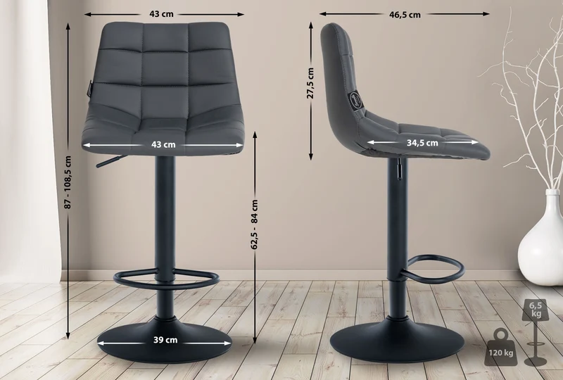 Lot de 2 tabourets de bar en synthétique gris base métal noir mat réglable en hauteur et repose-pieds TDB10636