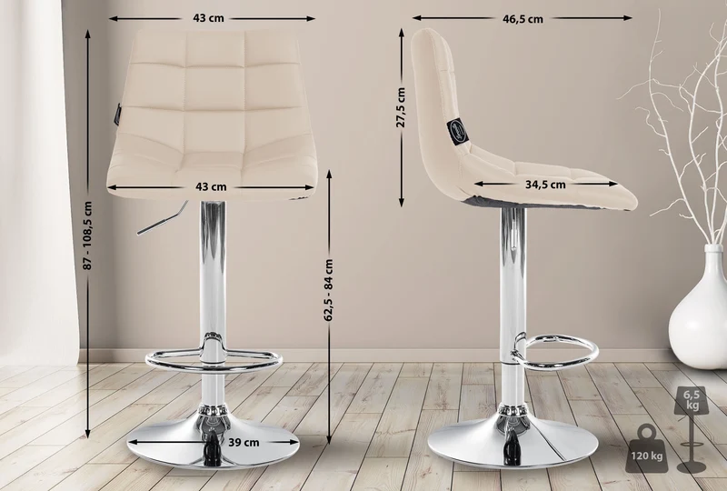 Tabouret de bar x1 moderne en PVC crème motif matelassé piètement trompette métal chromé 10_0006273