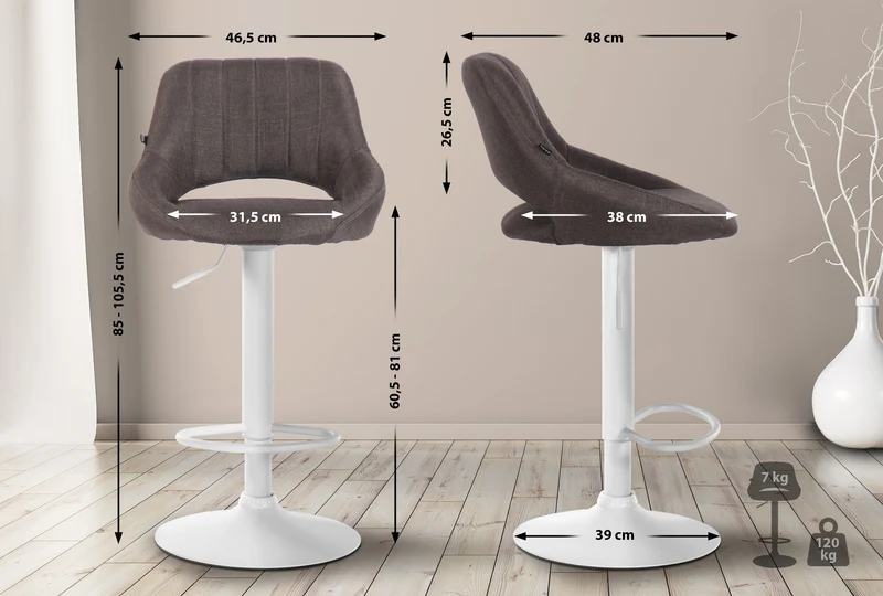 Tabouret de bar x1 réglable en hauteur en tissu gris foncé dossier ajouré et pied métal blanc 10_0005725