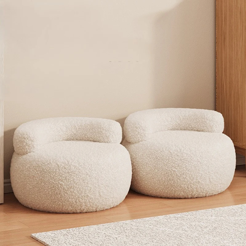 Contemporary Nordic Sherpa Fabric & Wood Round Curved Back Low Stool For Bedroom And Living Room