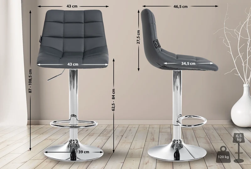 Lot de 2 tabourets de bar en synthétique gris base métal chromé réglable en hauteur et repose-pieds TDB10640