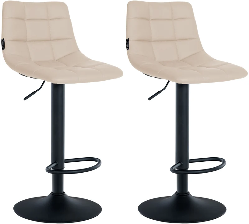 Lot de 2 tabourets de bar en synthétique crème base métal noir mat réglable en hauteur et repose-pieds TDB10635