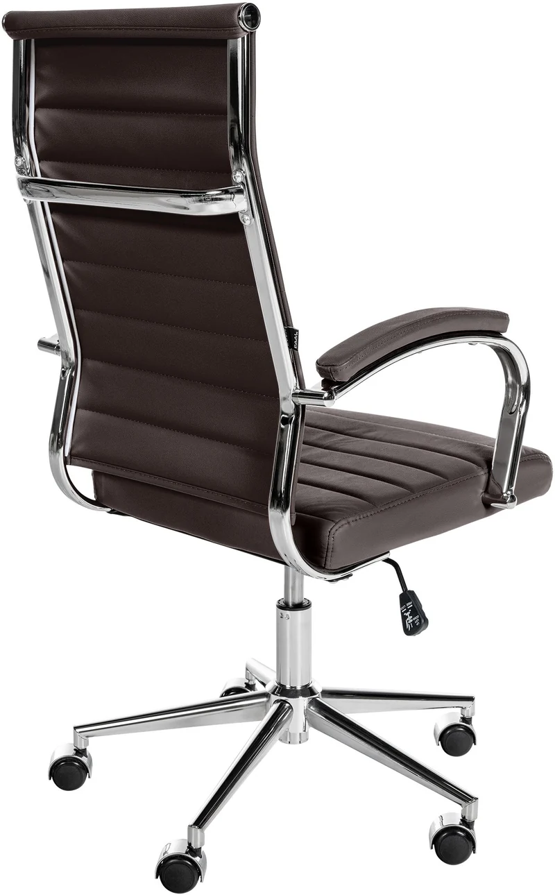 Fauteuil de bureau en cuir véritable couleur café surpiqûre horizontale et pieds métal chromé 10_0002557