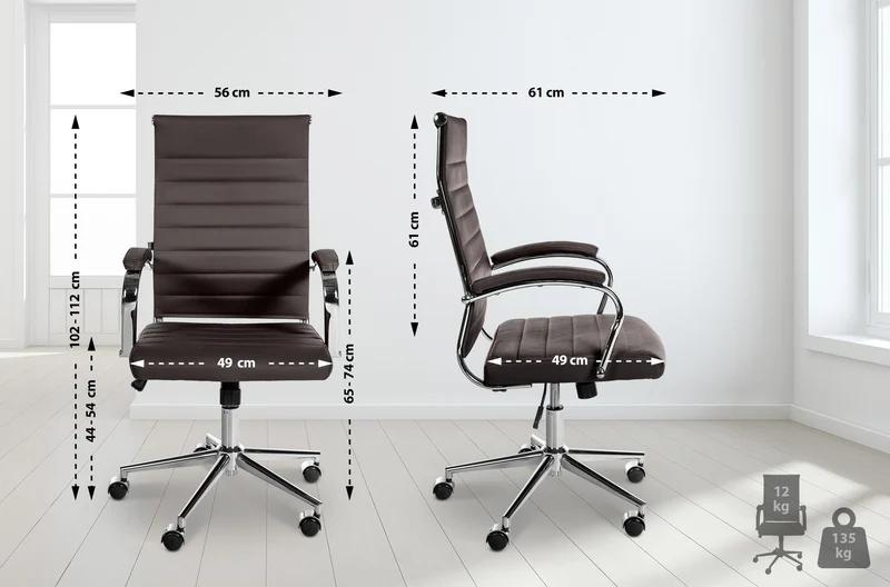 Fauteuil de bureau en cuir véritable couleur café surpiqûre horizontale et pieds métal chromé 10_0002557