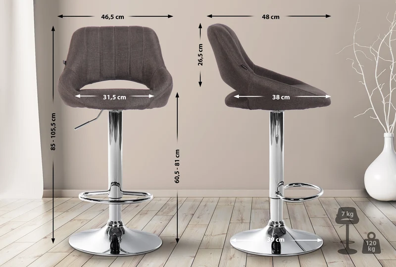 Lot de 2 tabourets de bar avec repose-pieds pivotant et réglable en tissu gris foncé et métal 10_0004355
