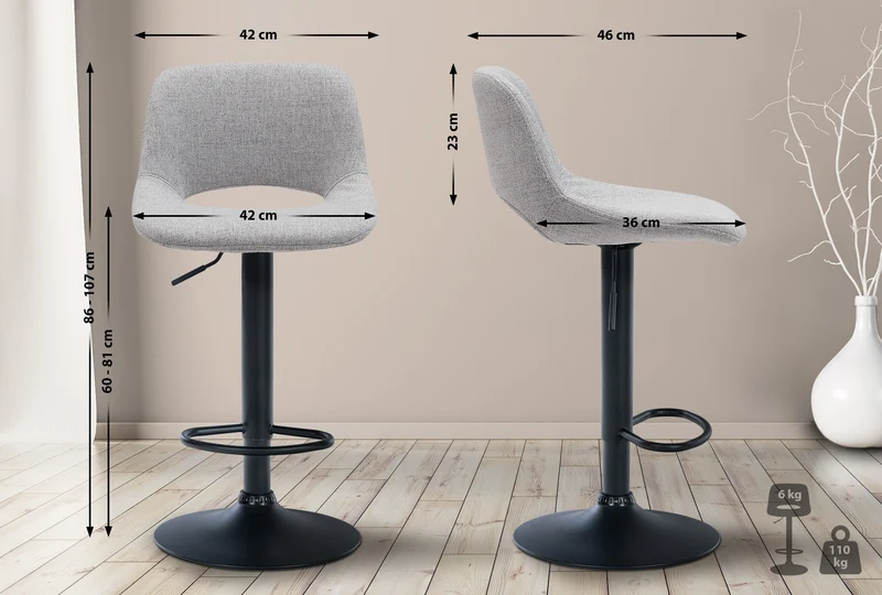 Tabouret de bar chaise haute x1 avec repose-pieds en tissu gris clair piètement métallique noir 10_0004615