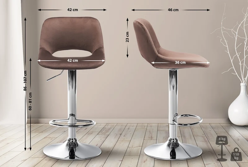 Tabouret de bar chaise haute x1 avec repose-pieds en velours marron piètement métallique chromé 10_0004594