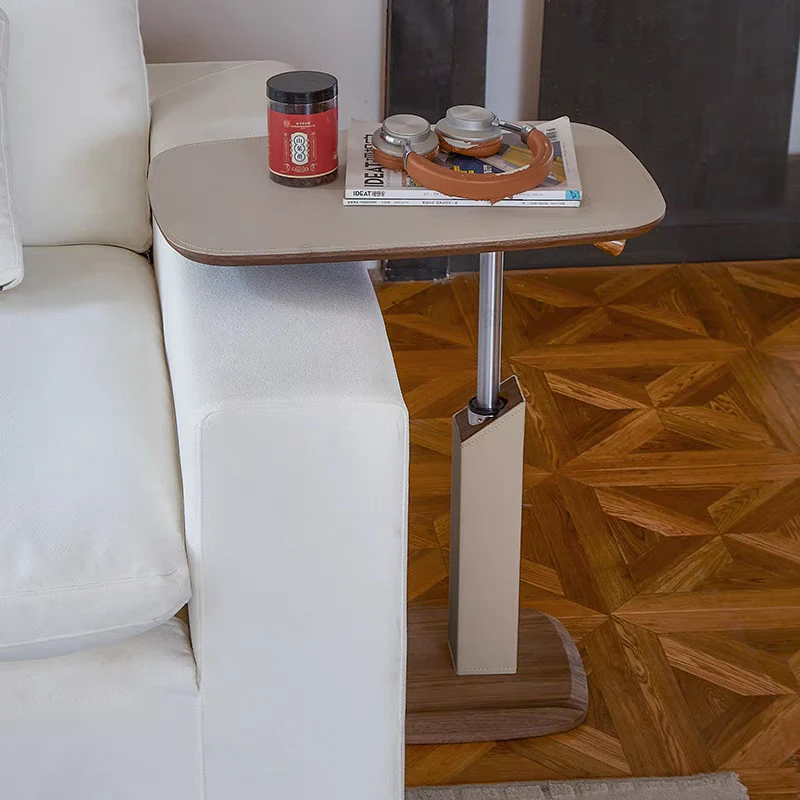 Modern Simplicity Square Liftable Swivel Saddle-Style Faux Leather Plywood Stainless Steel End Table 1 - Tier For Living Room