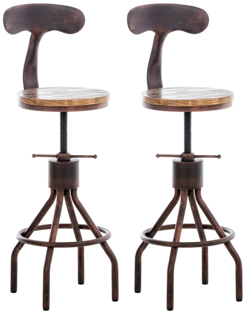 Lot de 2 tabourets de bar industriels en bois et métal bronze – Réglables en hauteur avec dossier et repose-pieds 10_0006486