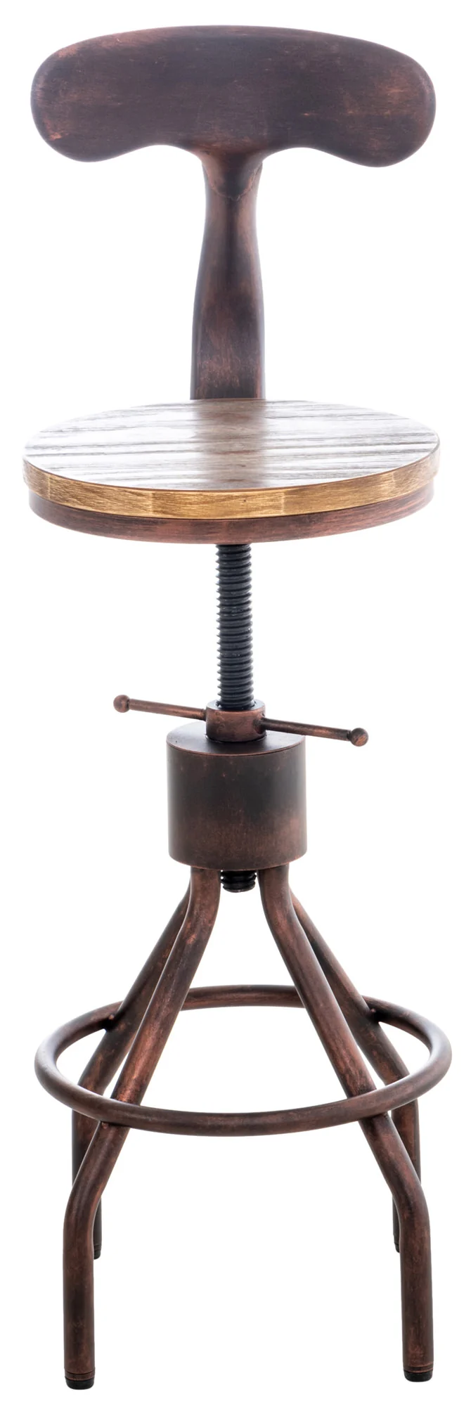Lot de 2 tabourets de bar industriels en bois et métal bronze – Réglables en hauteur avec dossier et repose-pieds 10_0006486