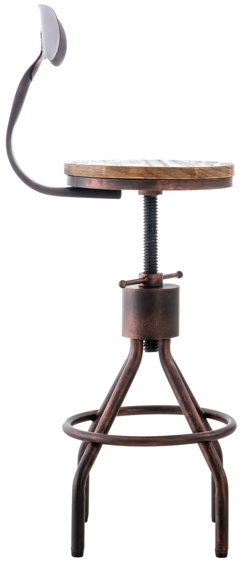 Lot de 2 tabourets de bar industriels en bois et métal bronze – Réglables en hauteur avec dossier et repose-pieds 10_0006486