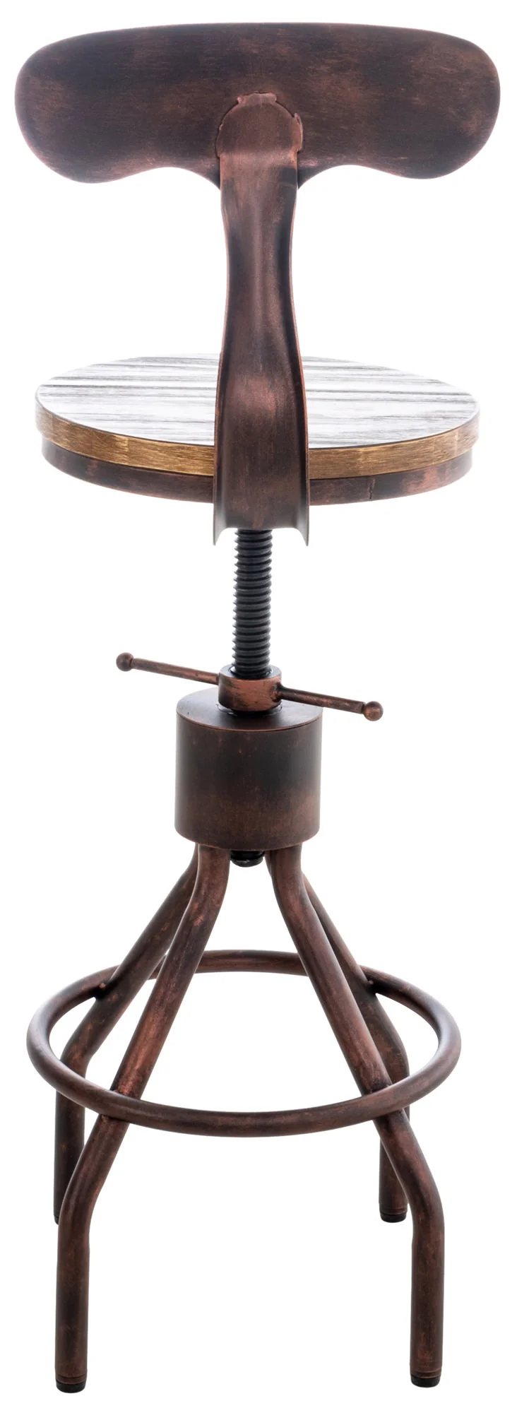 Lot de 2 tabourets de bar industriels en bois et métal bronze – Réglables en hauteur avec dossier et repose-pieds 10_0006486