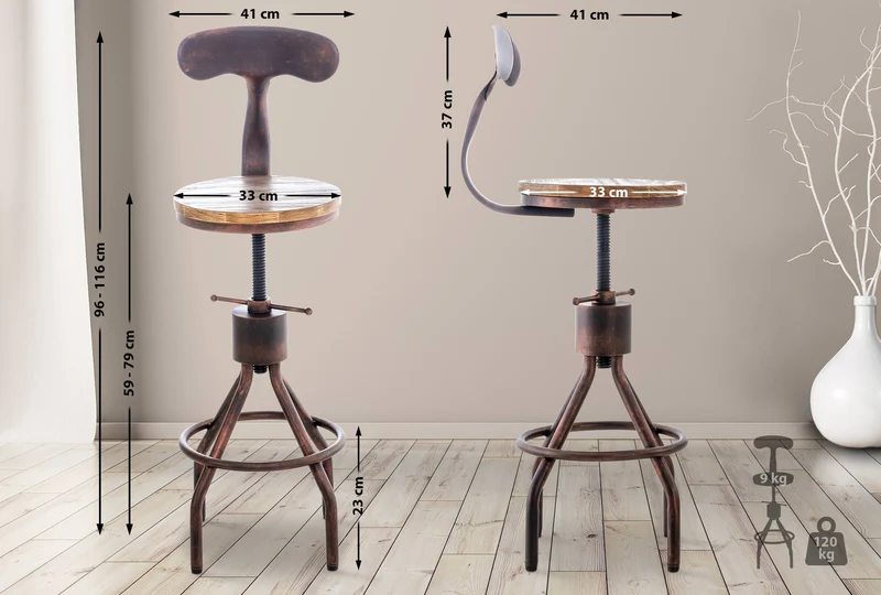 Lot de 2 tabourets de bar industriels en bois et métal bronze – Réglables en hauteur avec dossier et repose-pieds 10_0006486