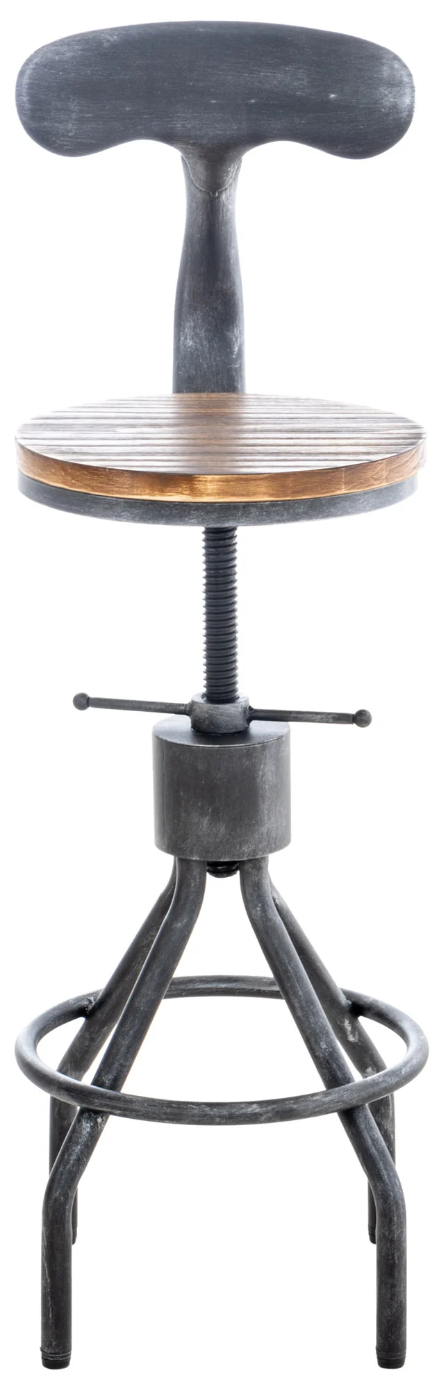Lot de 2 tabourets de bar industriels en bois et métal argenté – Réglables en hauteur avec dossier et repose-pieds 10_0006428