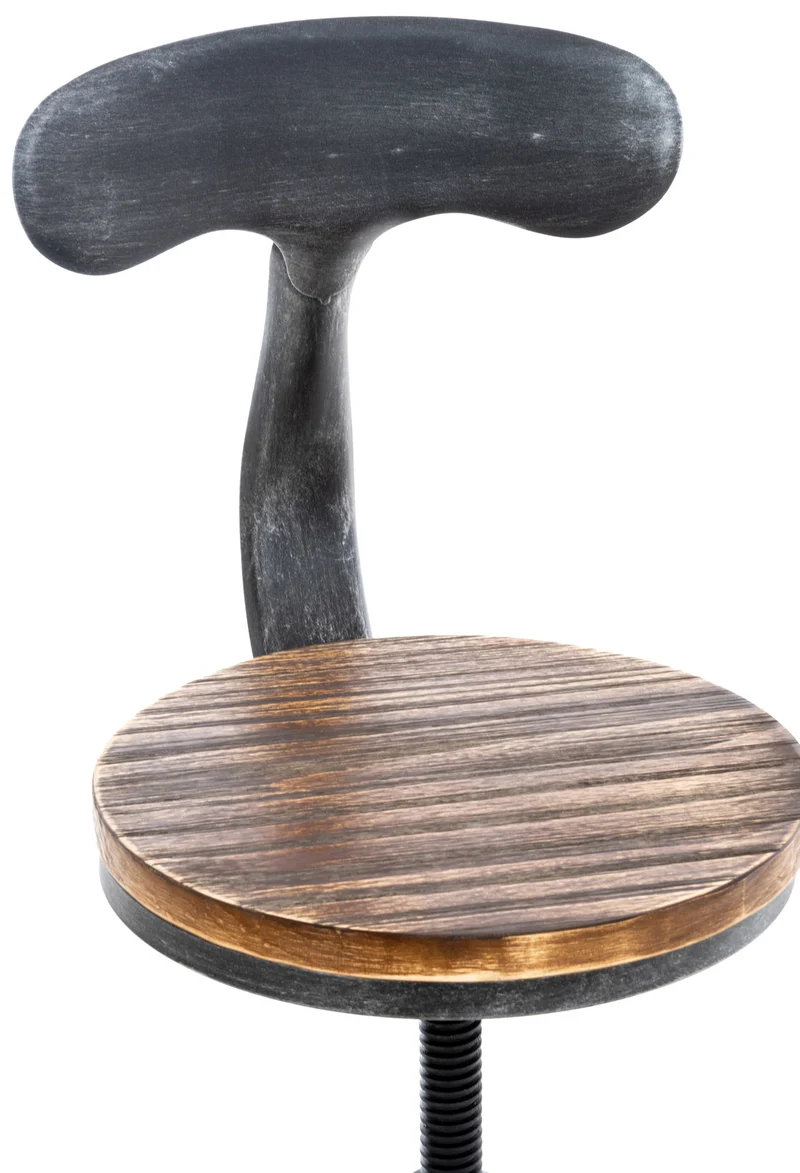 Lot de 2 tabourets de bar industriels en bois et métal argenté – Réglables en hauteur avec dossier et repose-pieds 10_0006428