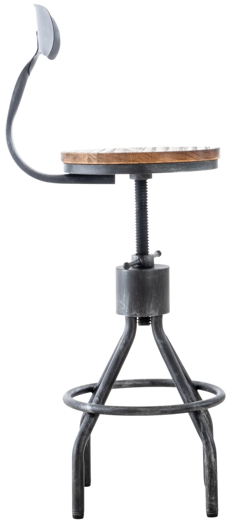 Lot de 2 tabourets de bar industriels en bois et métal argenté – Réglables en hauteur avec dossier et repose-pieds 10_0006428