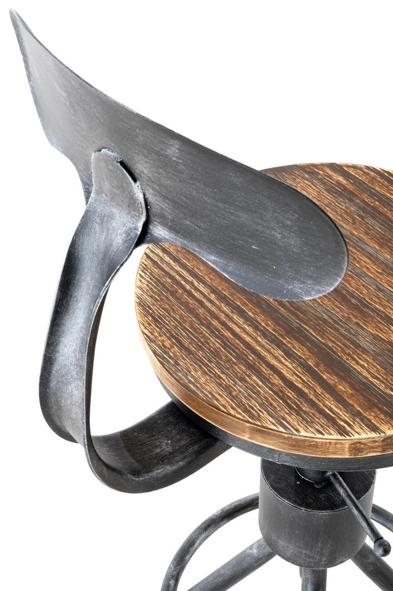 Lot de 2 tabourets de bar industriels en bois et métal argenté – Réglables en hauteur avec dossier et repose-pieds 10_0006428