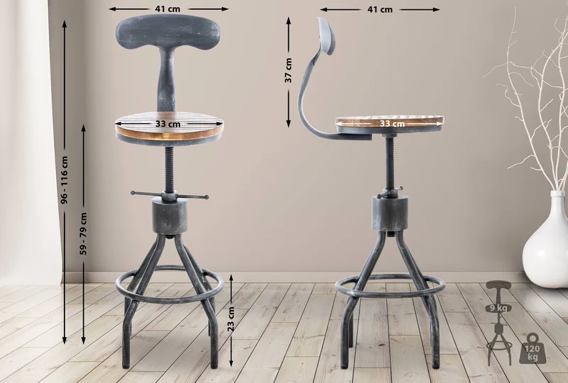 Lot de 2 tabourets de bar industriels en bois et métal argenté – Réglables en hauteur avec dossier et repose-pieds 10_0006428
