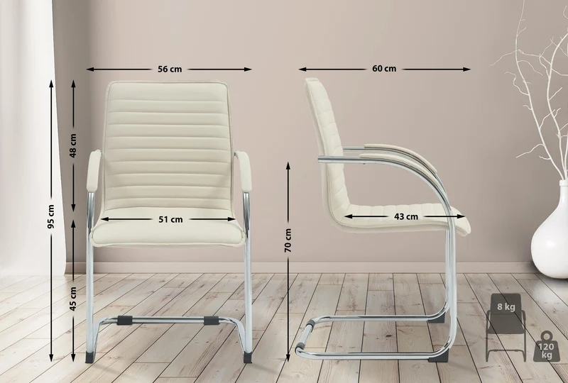 Chaise visiteur cantilever en similicuir crème avec accoudoirs assise rembourrée cadre métal bureau et salle d’attente 10_0008870