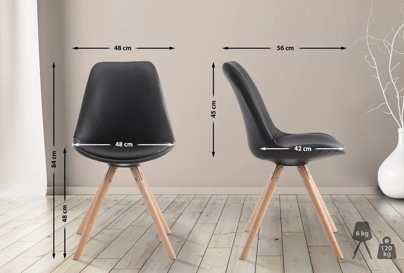 Chaise de cuisine salle à manger scandinave assise en PVC noir 4 pieds en bois forme rond 10_0008805
