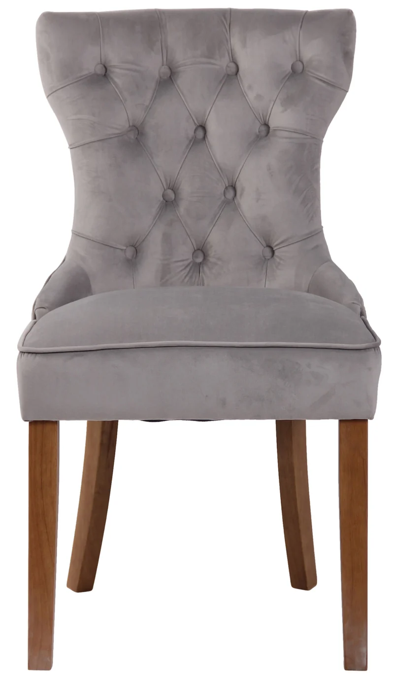 Lot de 4 chaises de salle à manger style Chesterfield dossier capitonné en velours gris et pieds en bois clair 10_0008641