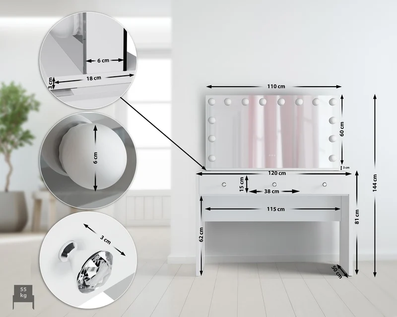 Coiffeuse avec miroir LED – 3 tiroirs avec plateau en verre ports USB A & C – en bois blanc 10_0008626