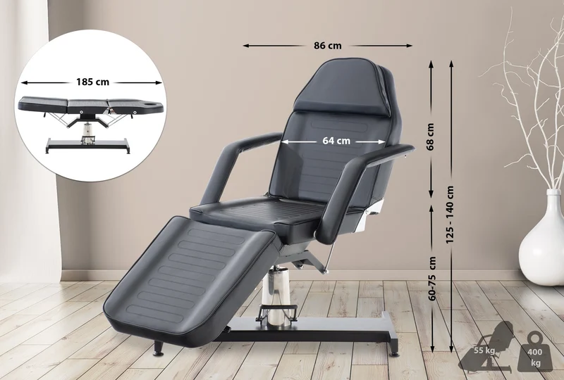 Lit d’esthétique hydraulique professionnel similicuir noir – Fauteuil de soins avec dossier inclinable ouverture visage et accoudoirs amovibles 10_0008216