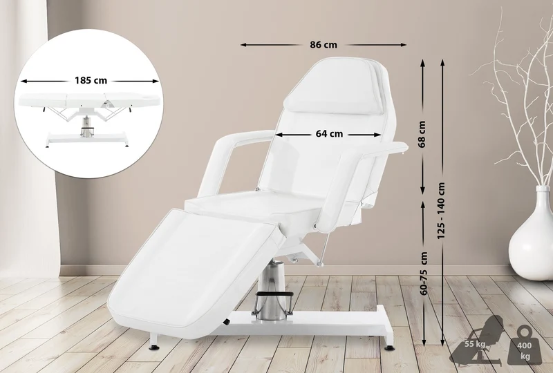 Lit d’esthétique hydraulique professionnel similicuir blanc – Fauteuil de soins avec dossier inclinable ouverture visage et accoudoirs amovibles 10_0008213