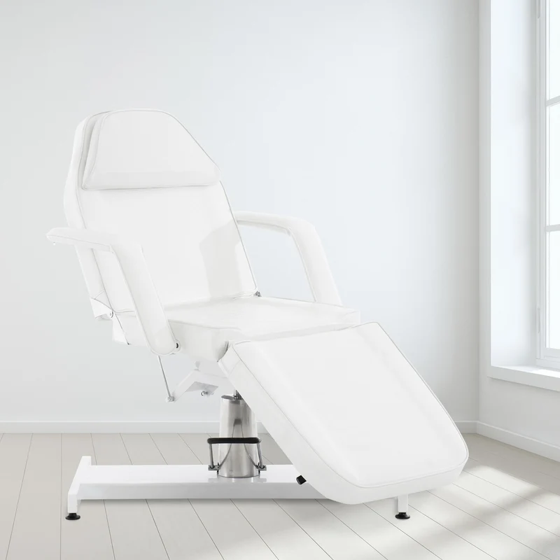 Lit d’esthétique hydraulique professionnel similicuir blanc – Fauteuil de soins avec dossier inclinable ouverture visage et accoudoirs amovibles 10_0008213