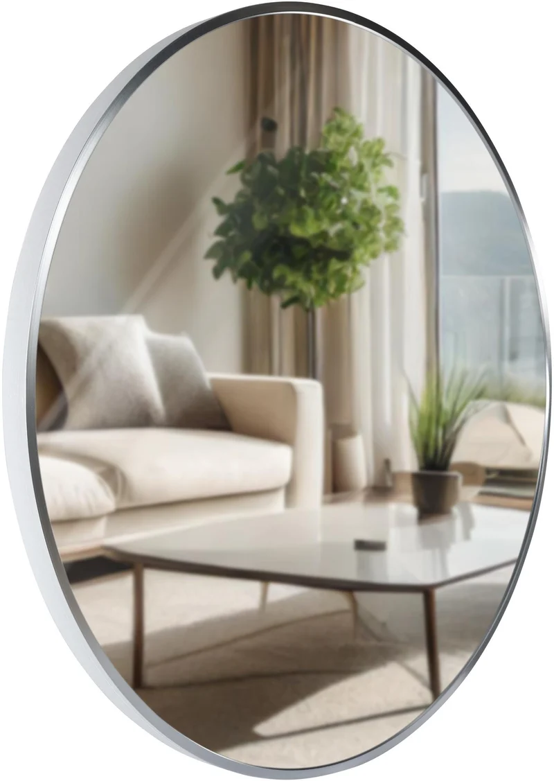 Miroir mural rond 60 cm cadre minimaliste argenté 3 cm design moderne fixation murale incluse 10_0008546
