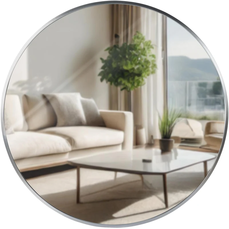 Miroir mural rond 60 cm cadre minimaliste argenté 3 cm design moderne fixation murale incluse 10_0008546