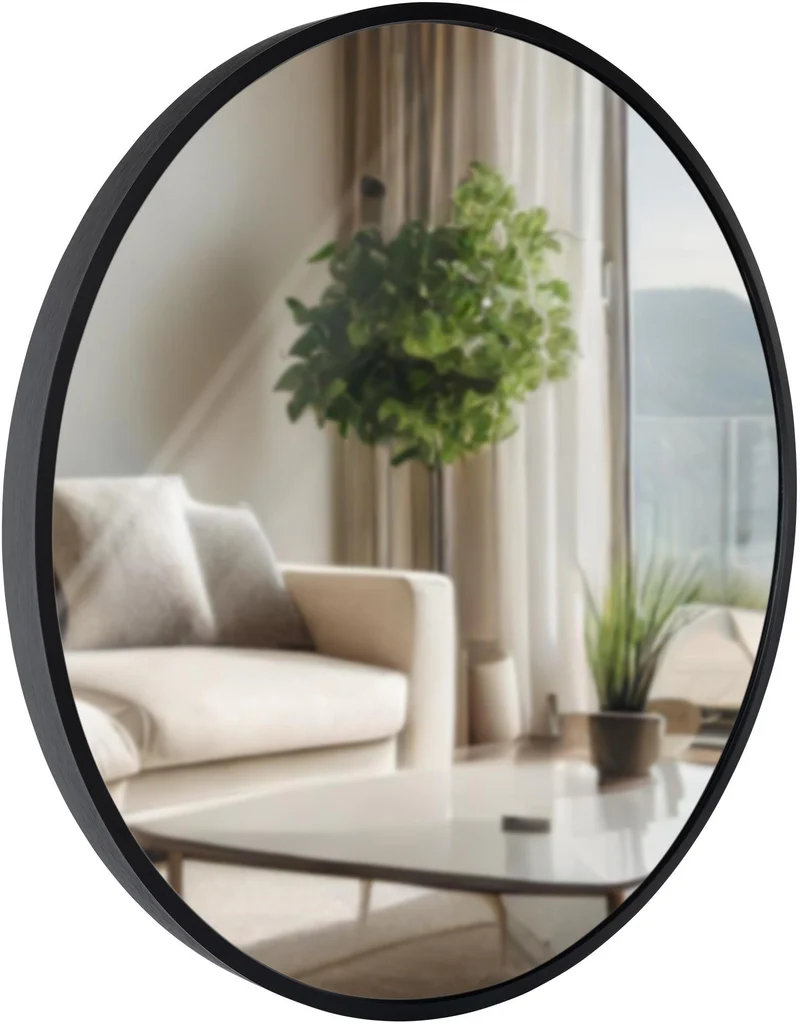 Miroir mural rond 45 cm cadre minimaliste noir 3 cm design moderne fixation murale incluse 10_0008525