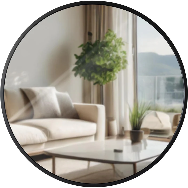 Miroir mural rond 45 cm cadre minimaliste noir 3 cm design moderne fixation murale incluse 10_0008525