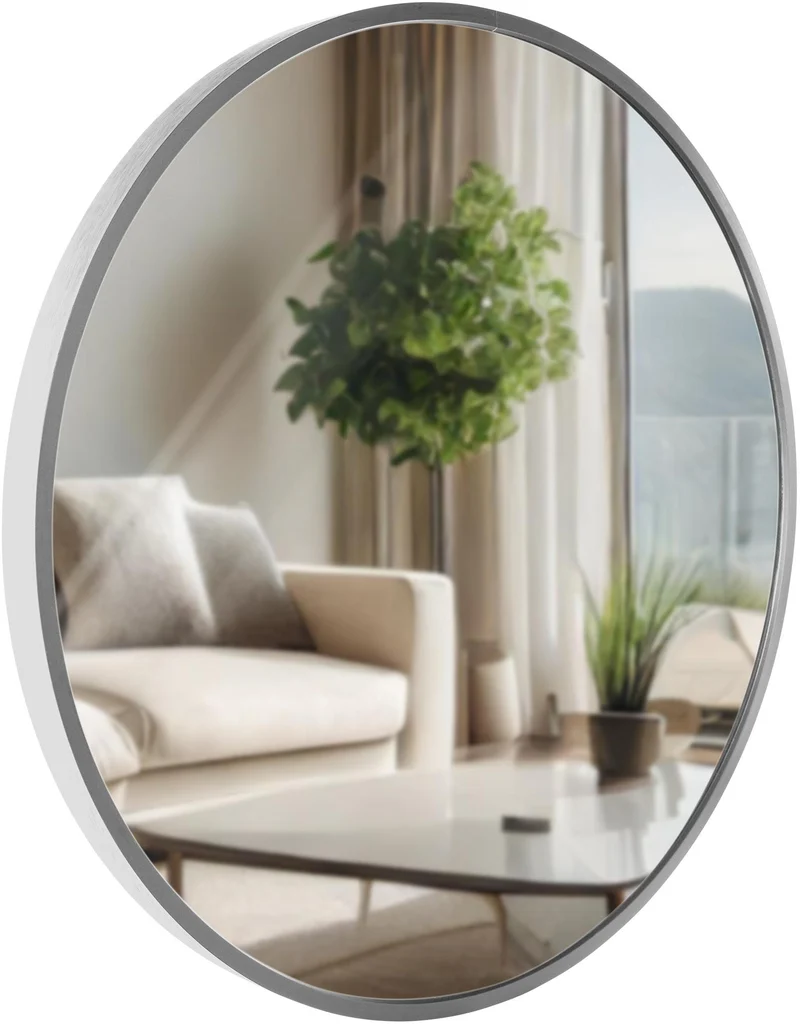 Miroir mural rond 45 cm cadre minimaliste argenté 3 cm design moderne fixation murale incluse 10_0008494