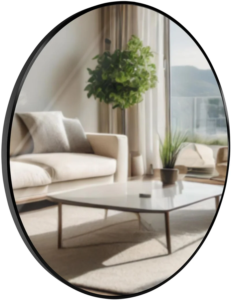 Miroir mural rond 80 cm cadre minimaliste noir 3 cm design moderne fixation murale incluse 10_0008481