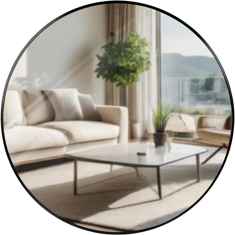 Miroir mural rond 80 cm cadre minimaliste noir 3 cm design moderne fixation murale incluse 10_0008481