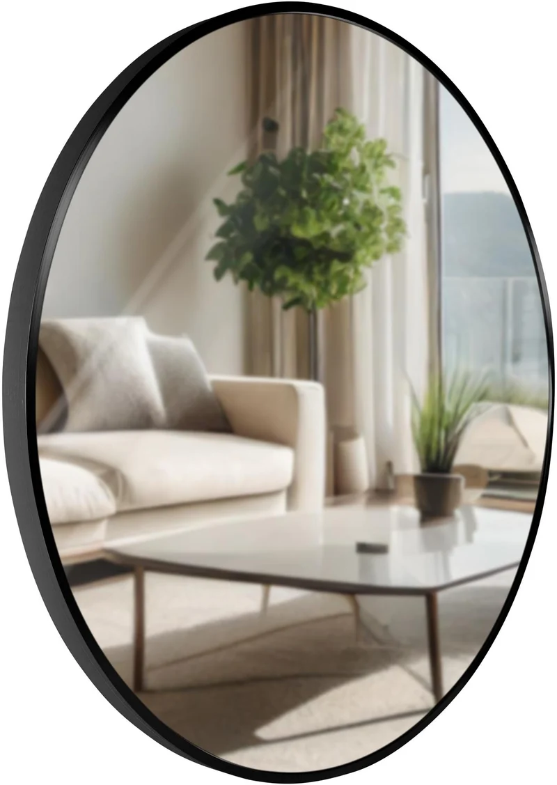 Miroir mural rond 60 cm cadre minimaliste noir 3 cm design moderne fixation murale incluse 10_0008442