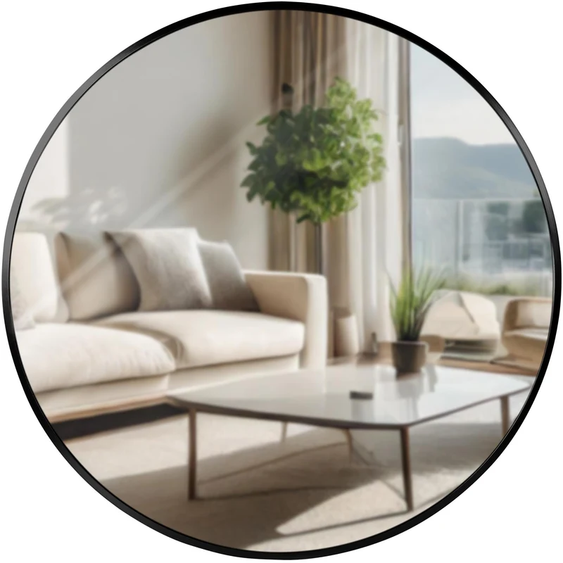 Miroir mural rond 60 cm cadre minimaliste noir 3 cm design moderne fixation murale incluse 10_0008442