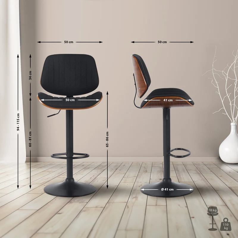 Tabouret de bar x1 style rétro moderne assise en tissu noir bois noyer et cadre métal noir 10_0006411